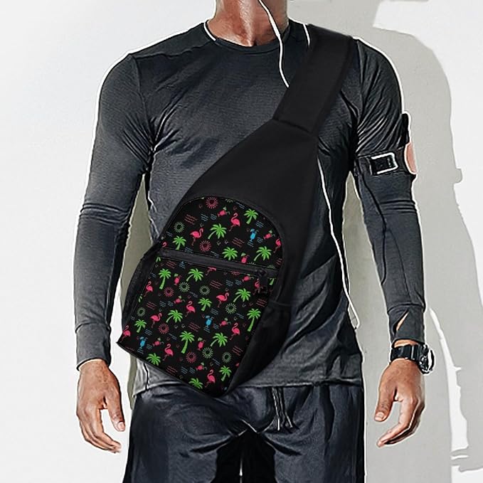 SWEET TANG Casual Sling Backpack for Men Chest Shoulder Crossbody Backpack, Unbalance Gym Funny Sack, Neon Flamingo Travel Bag Outdoor Hiking Daypack