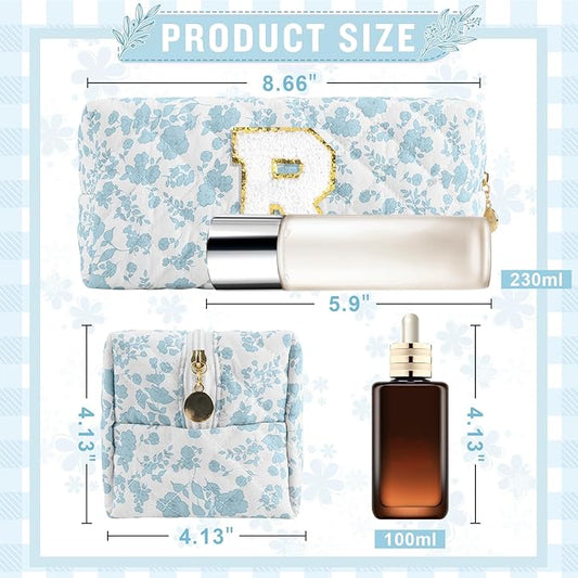 Personalized Quilted Cosmetic Bag, Puffy Monogrammed Christmas Birthday Gifts for Women & Girls, Cute initial Floral Makeup Bag Puffer Coquette Bag, Aesthetic Travel Toiletry Zipper Pouch(Blue,R)