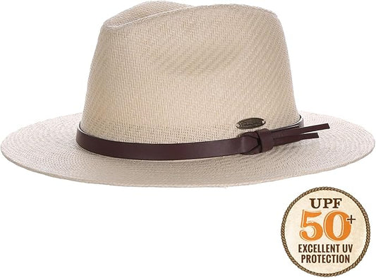 Panama Jack Straw Safari Hat - Vegan Leather Band Matte Toyo, UPF 50+ Sun Protection