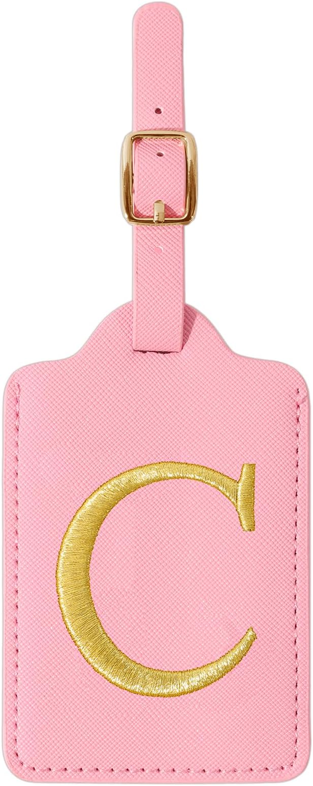 Personalized Initial Luggage Tags for Suitcase, Pink Leather Cute Luggage Tags with Privacy Cover Name Card, Embroidered Custom Monogrammed Luggage Tag Travel Bag Baggage Tags Gifts for Women Kids(C)