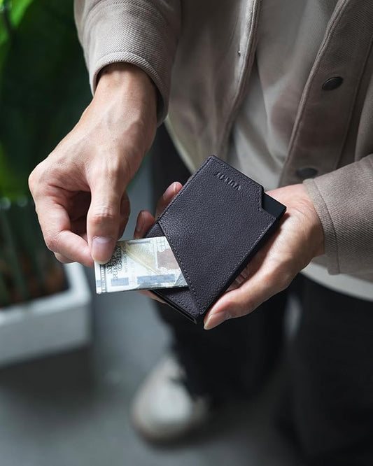 VULKIT Pop up Card Wallet Genuine Leather RFID Blocking Slim Aluminum Metal Bank Card Holder Case with Business Money Pocket for Credit Cards Notes and Coins Blue