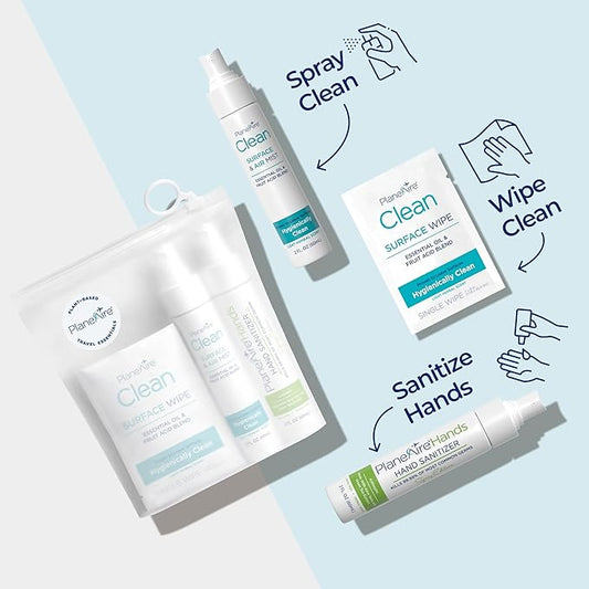 Travel Essentials | Hygiene Kit | Travel Toiletry Kit | Travel Size | Spray Hand Sanitizer Herbal Scent | Surface Wipes | Individual Travel Wipe | Surface Cleaner & Air Mist | With Essential Oils