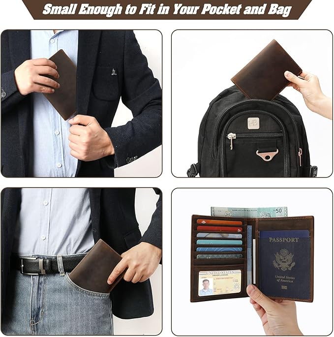 Genuine Leather Passport Holder, RFID Blocking Travel Wallet for Men & Women (Red Brown)