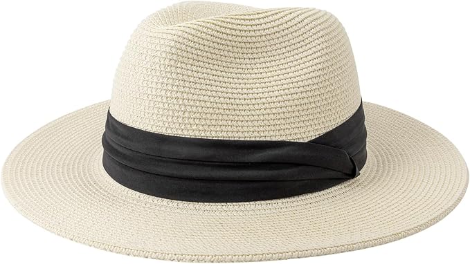 DRESHOW Women Straw Panama Hat Travel Fedora Beach Sun Hat Summer Wide Brim Straw Roll up Hat UPF 50+