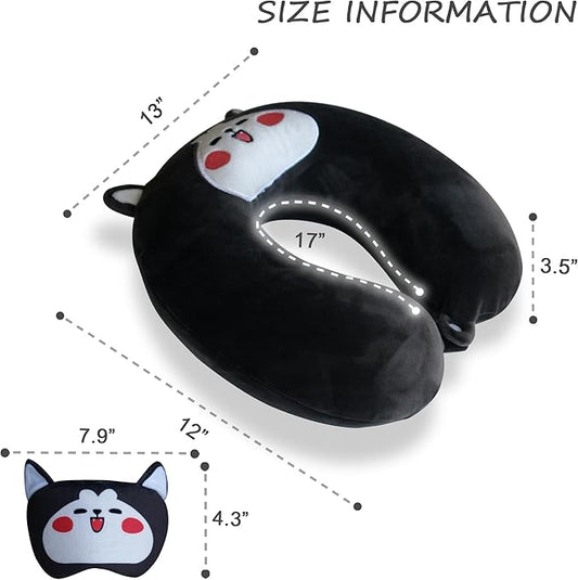 Sexysamba Cartoon Headrest & Neck Pillow for Kids Boys & Girls, Teens, Travel Accessories for Airplane, Car, Recline, Memory Foam Cute Travel Pillow with Sleep Eye Mask - Husky