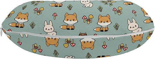 Ambesonne Woodsy Travel Pillow Neck Rest, Friendly Woodland Creatures Mushrooms and Plants in Cartoon Style, Memory Foam Traveling Accessory for Airplane and Car, 12", Multicolor