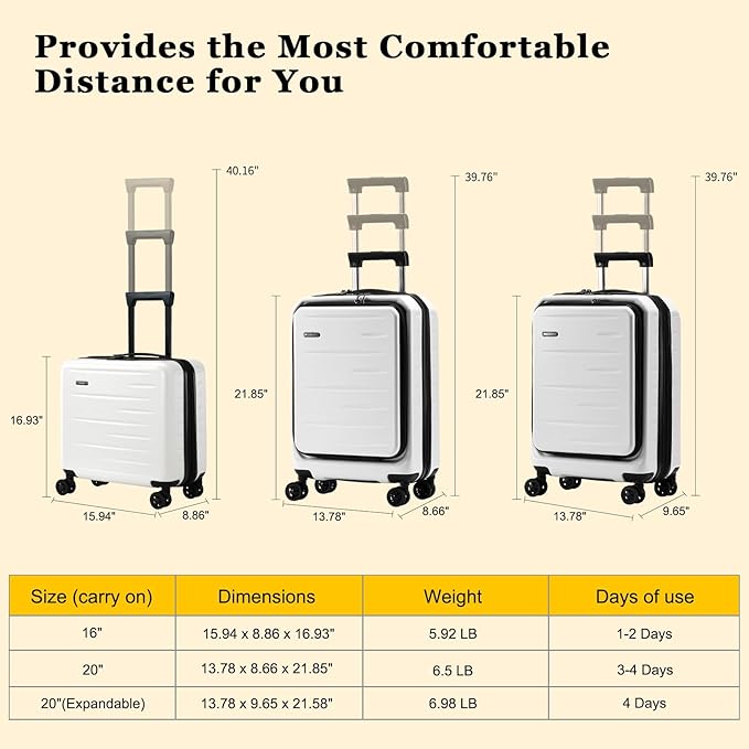 16 Inch Carry On Luggage Airline Approved, Expandable Lightweight ABS+PC Hard Shell Suitcases with 360° Spinner Wheels, TSA Lock, YKK Zippers (White, 1 PC)