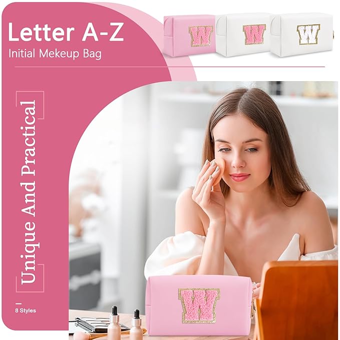 Personalized Initial A-Z Preppy Patch Makeup Bag,Small PU Leather Chenille Letter Cosmetic Bag with Zipper for Teen Girls,Pink Cute Travel Toiletry Bag,Birthday Monogrammed Gift for Daughter,Letter W