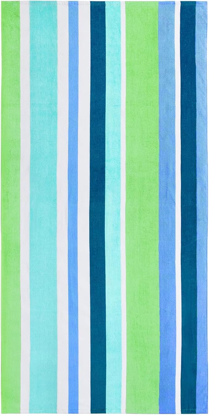 cabanana Large Beach Towel Oversized - Cotton Velour 35 x 70 Inch Rainbow Striped Terry Pool Towel, Cabana Soft Swimming Towel for Adults Women Men (Rainbow Blue)