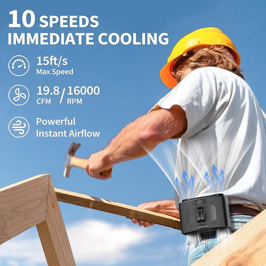 20000mAh Portable Waist Fan, Personal Fan Clip on with Rechargeable Battery operated, Dual Motors Upto 40H Cooling,10 Speeds,16000RPM Hands-Free Belt Neck Fan for Outdoor Jobsite Camping Travel
