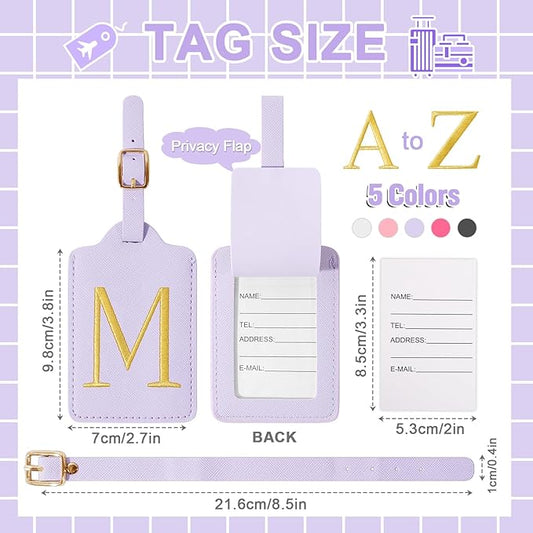 Personalized Initial Luggage Tags for Suitcase, Purple Leather Cute Luggage Tags with Privacy Cover Name Card, Embroidered Custom Monogrammed Luggage Tag Travel Backpack Tags Gifts for Women Kids(M)