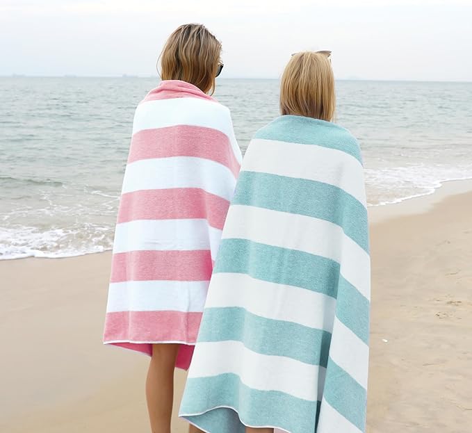 CLOWOOD Plush Oversized Beach Towel - Cotton 40 x 70 Inch Large Thick Pink Striped Cabana Pool Swimming Towel