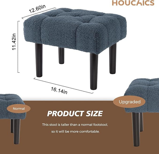 HOUCHICS Fur Padded Foot Stool, Small Ottoman Foot Rest with Wooden Legs,Modern Rectangle Chair Foot Rest Foot Step Stool for Living Room, Couch, Desk(Blue)
