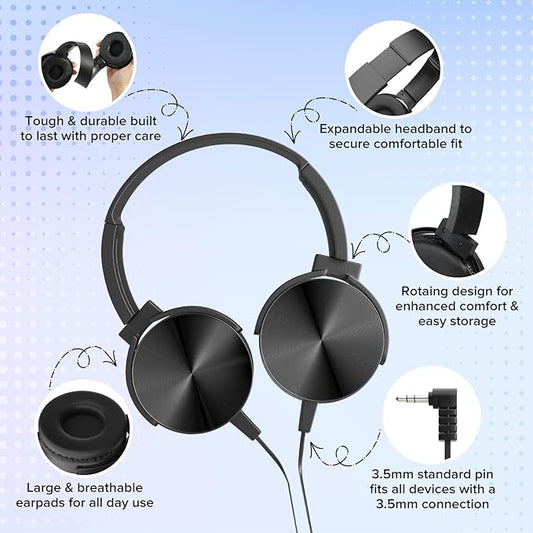 5 Pack Wired Bulk Kids Headphones for School Classroom K-12,On Ear with 3.5mm Jack, 4ft Tangle Free Cable,Ideal for Chromebook,Computer,Laptop (HTC004 Black)