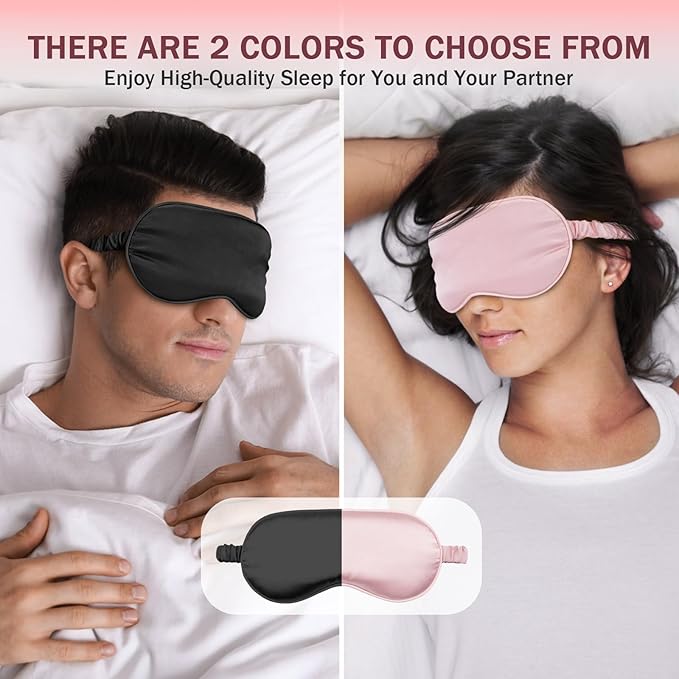 2Pack Silk Sleep Mask,IEKEODI Eye Mask for Sleeping,Elastic Blackout Eye Mask & Blindfold for Full Night's Sleep,Travel and Nap(Black+Pink)