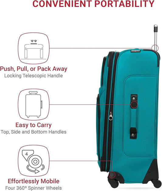 SwissGear Sion Softside Expandable Luggage – Medium Checked Suitcase with 360 Degree Wheels & Retractable Handle – 25 Inch, Perfect for 1-7 Night Trips – Teal
