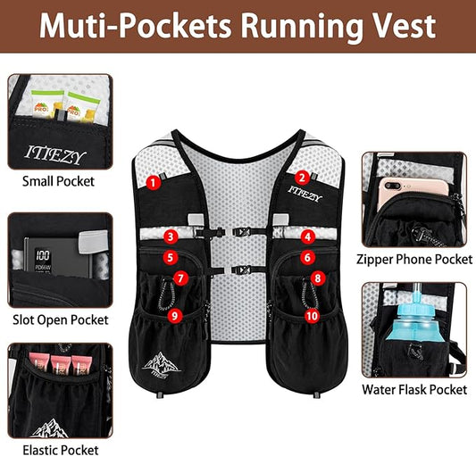 Running Hydration Vest for Women Men - Waterproof Running Water Backpack Hydration Pack with 12 Pockets, Lightweight Water Vest for Hiking Trail Cycling Marathon Race