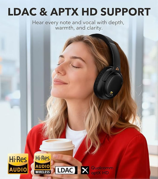 1Mii E700 Wireless Bluetooth Over Ear Headphones with Active Noise Canceling, Hi-Res Audio LDAC/aptX Low Latency for Airplane Travel Overhead Comfort, 54H Playtime, Custom EQ via App - Black