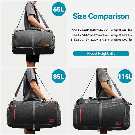 Canway 65L Travel Duffel Bag, Foldable Weekender Bag with Shoes Compartment for Men Women Water-proof & Tear Resistant (Panther Black, 65L)