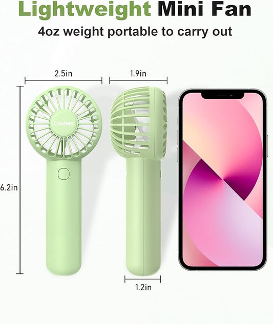 Coohea Mini Handheld Fan, Small Cute Design, 3 Powerful Speeds, USB Rechargeable Battery Operated, Portable Personal Fan with Base & Lanyard, for Eyelash Makeup Travel Beach Office Desk, Green