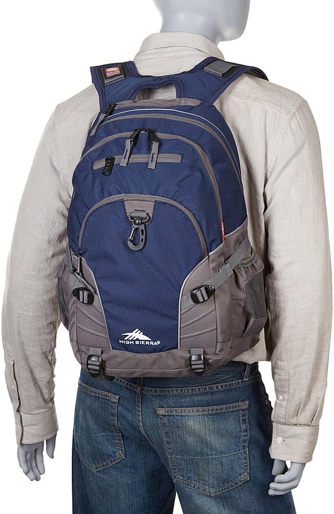 High Sierra Loop Backpack, Travel, or Work Bookbag with tablet sleeve, One Size, Sequin Facets/Bluebird/White