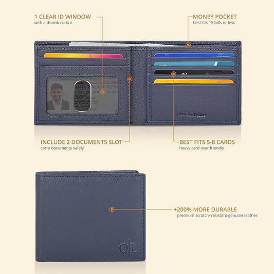 Oak Leathers Slim Leather Wallet for Men - RFID Blocking Slim Minimalist Front Pocket - Thin & Stylish with ID Window, Gift For Men (Orion Blue)