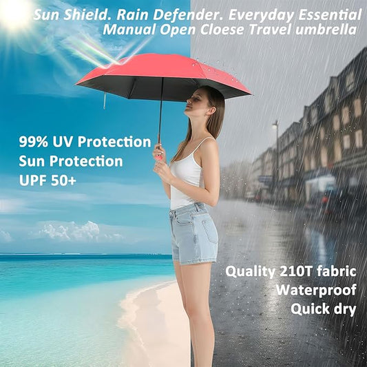BAODINI Travel Essentials Mini Umbrella for Purse With Case Small Compact UV Sun Protection Lightweight Tiny Pocket Manual Open Close Umbrella for Women Kids and Men Fit Purse Backpack