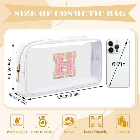 Personalized Initial Letter Clear Makeup Bag,Preppy Small Nylon&PVC Cosmetic Zipper Bag with Chenille Letter,Travel Skincare Toiletry Bag,Monogram Christmas Gift for Teen Girls Women,H
