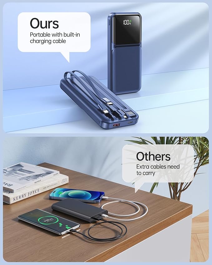 Portable Charger with Built in Cable - Power Bank Fast Charging USB C LED Display 10000mah Battery Pack 5 Outputs & 3 Inputs for Travel Essentials iPhone Samsung Android Phones Tablets Blue