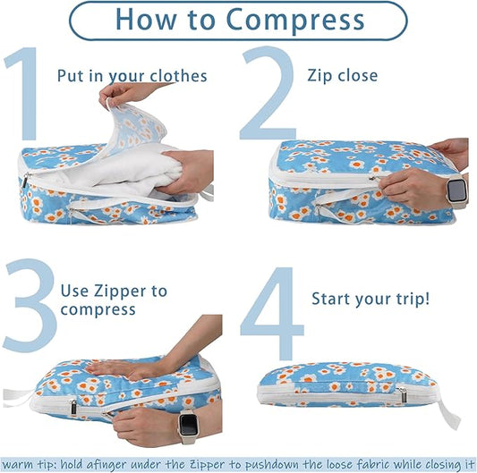 8 Pcs Compression Packing Cubes for Travel, Lightweight Waterproof Luggage Organizer Bags Set, Washable Packaging Cubes for Women Backpack Carry-On Suitcases