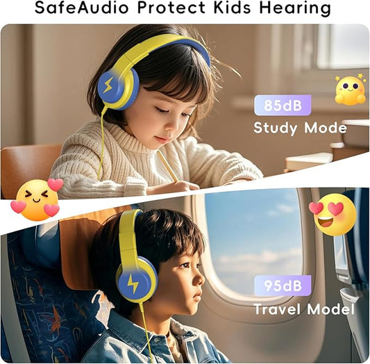 Kids Headphones, Wired Headphones for Kids Over Ear with Microphone, 85/94dB Volume Limiter Headphone for Girls Boys, Foldable Headphone for Learning & Entertainment, Light Yellow