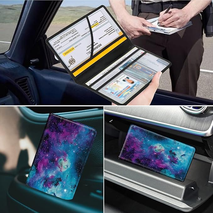 Car Registration and Insurance Holder, Leather Car Glove Box Organizer, Cool Car Accessories for ID, Driver's License Cards & Essential Document, business cards, Men&Women,Shining Starry Sky