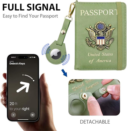 Cnycmy Passport Holder with Airtag slot,Passport-Wallet-Holder for Women,for Family, Rfid Passport Book Card Slot Waterproof, passport holder for travel (moss green1)