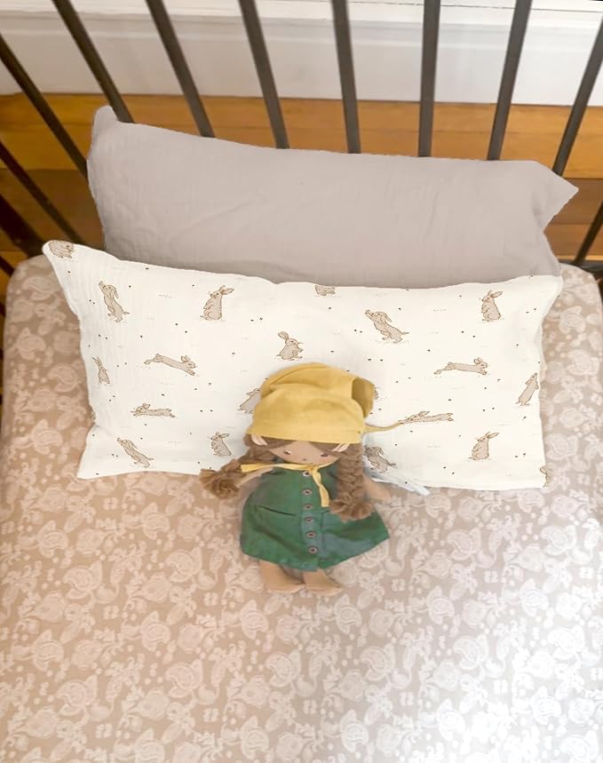 Toddler Pillowcases for 13"x18" Pillow 2 Pack, Muslin Small Toddler Baby Kids Travel Pillow Covers for Boys Girls with Envelope Closure (Rabbit B & Beige, 13 x 18 Inch)