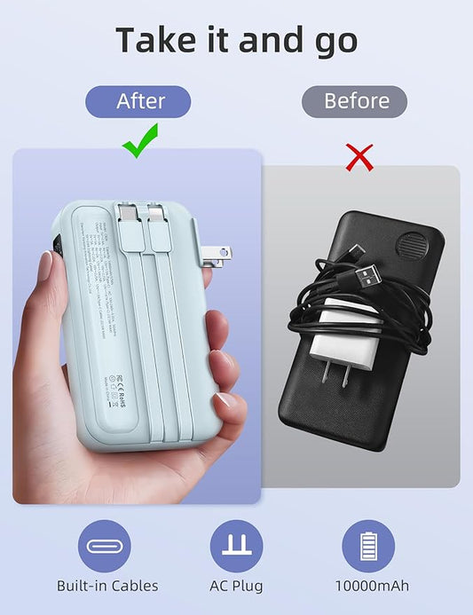 RORRY Portable Charger Built in Cables, AC Wall Plug in Portable Charger Power Bank 10000mAh Travel Battery Pack 22.5W Fast Charging for iPhone 17/16/15 Samsung Galaxy S24/S23/S22 Pixel LG iPad, Blue