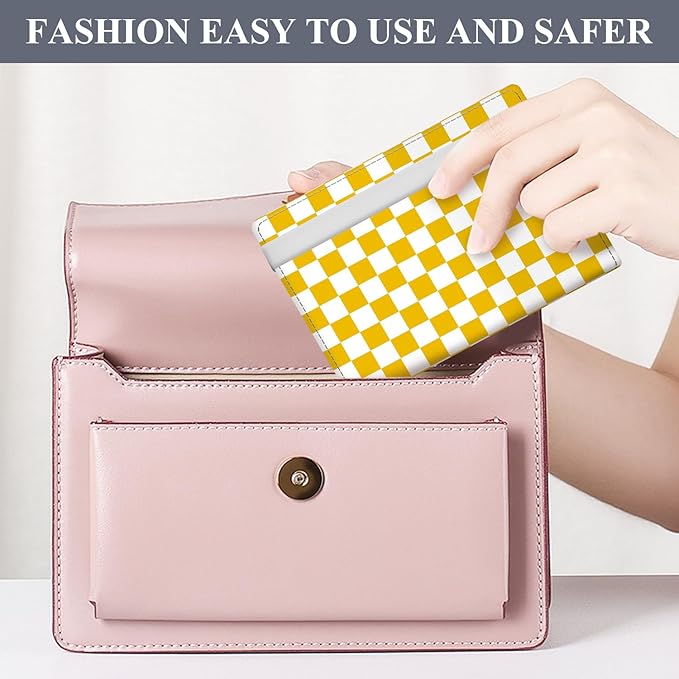 Passport Holder for Travel Essentials, RFID Premium Leather Passport Wallet Cover Case for Travel Must Haves Accessories, Passport Book Holders for Women Men Cute Yellow Checkered