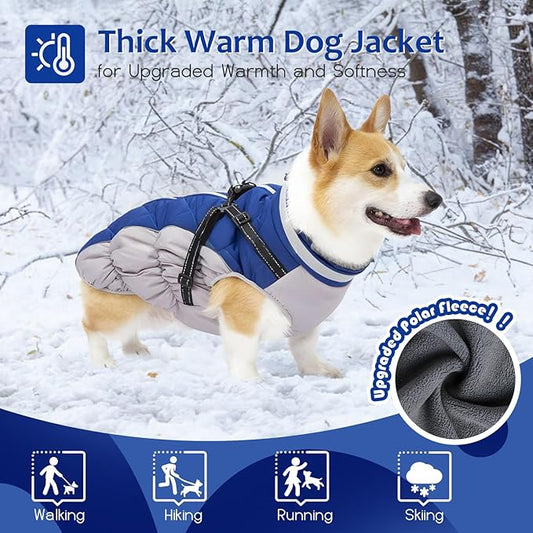 Abuandi Dog Winter Coat with Harness, Dog Jacket, Pet Clothes with Zipper on Back, Waterproof Windproof Warm Vest, Reflective Cold Weather Coats, for Small Medium Large Dogs, Thick, Blue, L