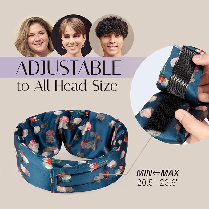 Silk Sleep Mask Soft Pressureless: 100% Mulberry Silk for Eye Skin Anti Wrinkles, Large Size for Total Blackout, Adjustable Wide Velcro Ear Cover, Print