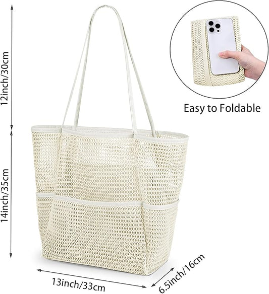 Iioscre Mesh Beach Tote Bags for Womens, Causal Hobo Pool Bags for Swimming Pools Vacations Beach Essentials