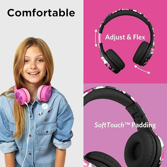 LilGadgets Connect+ Pro Wired Kids Headphones for School with Microphone, Volume Limiting Over-Ear Headset with Cord, SharePort Technology & SoftTouch Padding, Pink Camo
