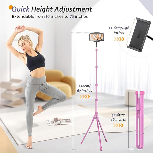 Aureday Adjustable Tripod Stand, 67” Height, Tablet Holder for iPad mini/Air/Pro, Kindle, Switch, Smartphones, 4.7”-12.9” Devices, Pink