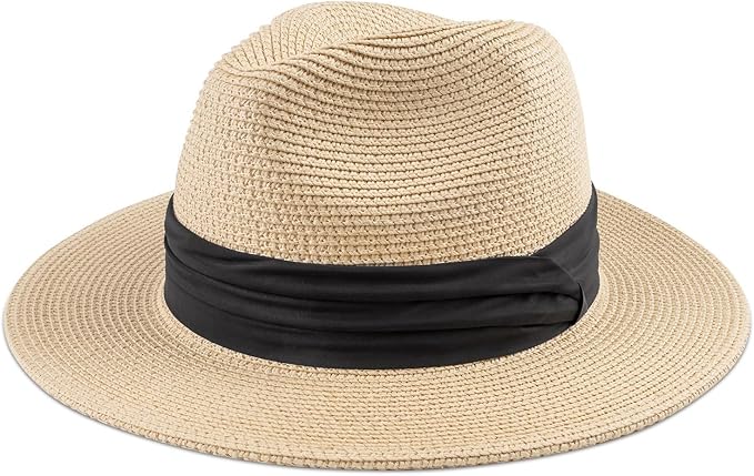 DRESHOW Women Straw Panama Hat Travel Fedora Beach Sun Hat Summer Wide Brim Straw Roll up Hat UPF 50+