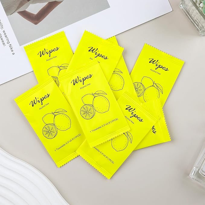 Individual Hand Wipes Wet Wipes Travel Size,Wet Wipes Individually Wrapped Bulk Cleansing Travel Size Wipes for Wedding Travel Restaurant Barbecue (1 Count (Pack of 60), Lemon)