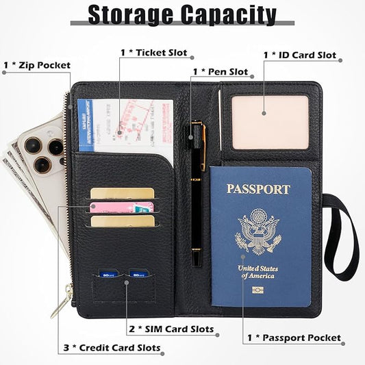 Travel Passport Wallet, RFID Blocking Passport Holder with Zipper, Passport Cover for Women Men, PU Leather Travel Document Organizer with Card Slots, Gift for Family Friends, Black