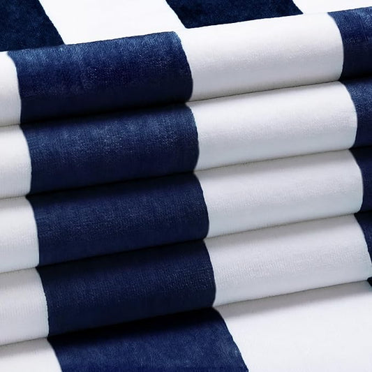 Cotton Oversized Beach Towel - Large 70 x 35 Inch Pool Towel, Navy Blue Striped Quick Dry Swimming Cabana Towel