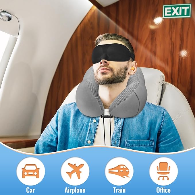CloudBliss Travel Pillow Premium Memory Foam, Comfortable & Supportive Neck Pillow, Neck Pillows for Sleeping Travel, Airplane Pillow for Sleeping Airplane, Car, Office and Home(Black & Dark Grey)