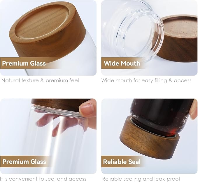 Zoaiirte 6 -Piece 13 oz Food-Grade Glass Mason Jars with Acacia Wood Lids, Sealable Waterproof, Transparent Easily Stackable for Overnight Oats, Spice Storage & Snack Organizing