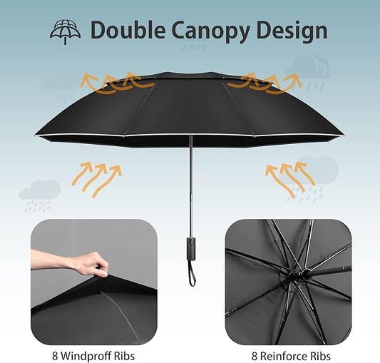 Urvoix Travel Umbrella Compact Windproof - Vented Double Canopy Umbrellas for Rain, Portable Umbrella Inverted Automatic Open Close with Reflective Strip