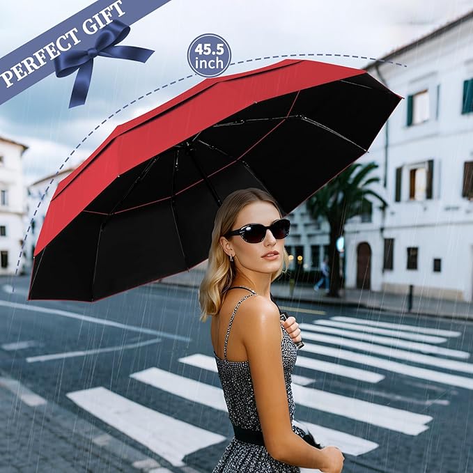 Yoobure Windproof Travel Umbrella with Wood Handle - Automatic Umbrellas for Rain & UV Sun Protection, Compact 46" Large Canopy, Lightweight Backpack Portable for Walking & Outdoor