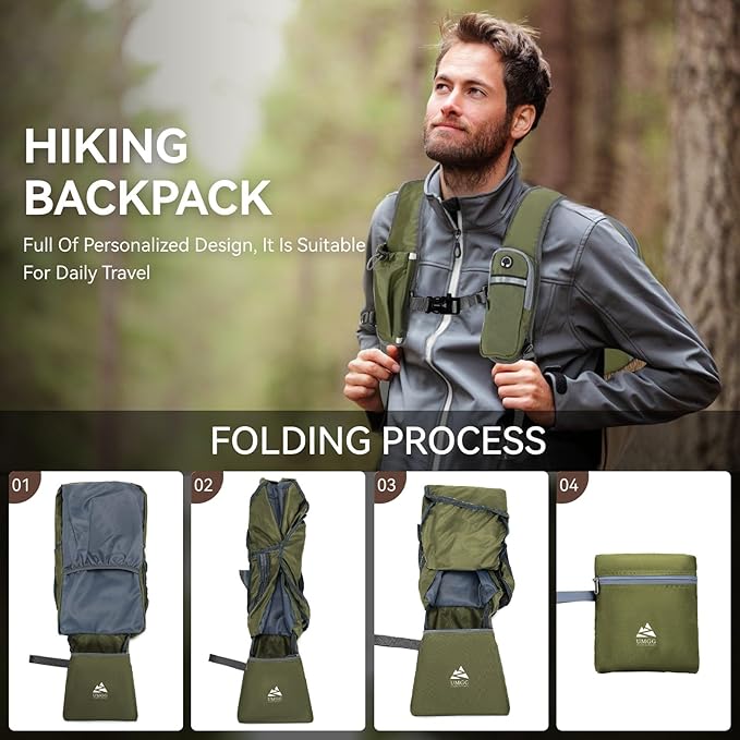 15L Small Hiking Backpack for Men Women Lightweight Packable Backpack Foldable Casual Daypack for Camping Travel Outdoor, Green